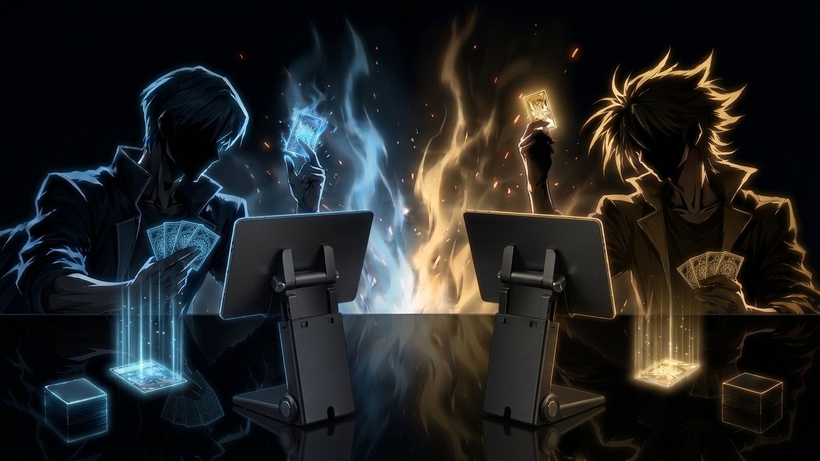 对战场景示意：两位牌手在各自黑武士配色的 DuelStation 终端前展开实体卡牌对决